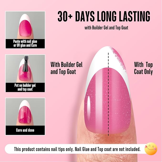NOVO OVO White French Tip Almond Nail Tips Press on ROSE PINK, Extra Thick Medium Soft Gel Fake Nail Acrylic Extension, Need Builder Gel Top Coat, No Glue Included, for Salon DIY x 15 Sizes 240 pcs