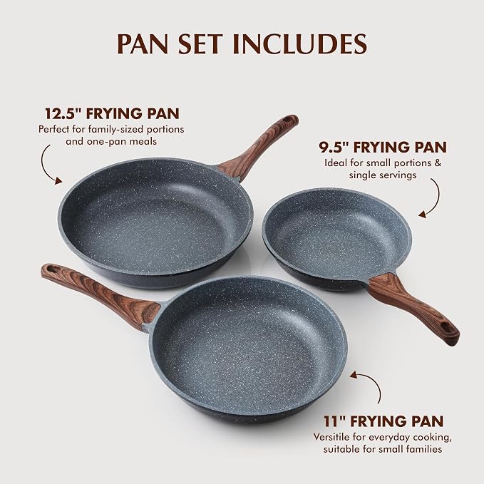 SENSARTE Nonstick Frying Pans, Grey(9.5+11+12.5 Inch) | Swiss Granite Coating, Free of PFOA&PFOS, Compatible with All Stoves Including Induction Cooktops, Easy to Clean