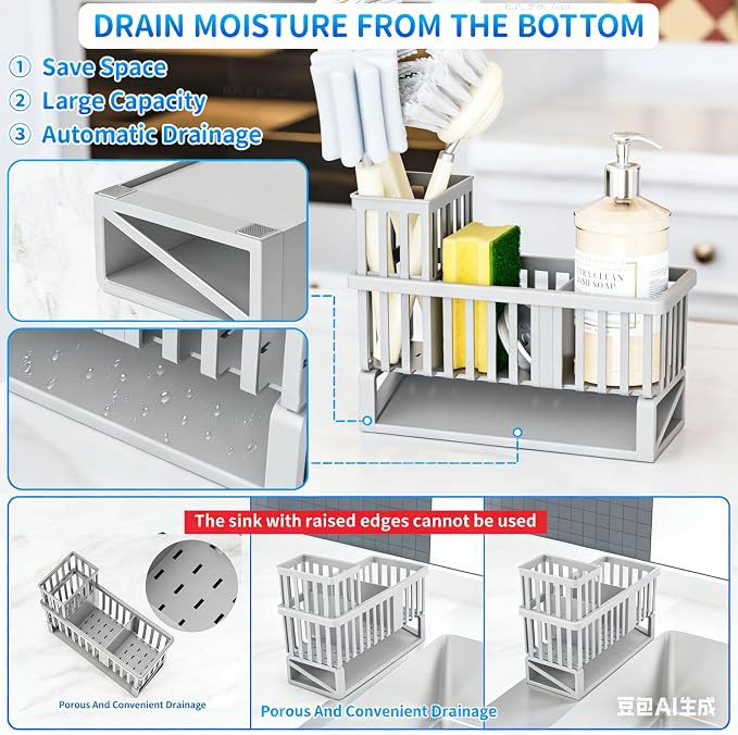 Rustproof Sink Caddy & Kitchen Sink Organizer,Plastic Dish Sponge Holder with High Scrub Brush Holder,Sponge Rack for Kitchen Sink,Multifunctional Sponge Drain Rack,Dish Soap Caddy & Dispenser