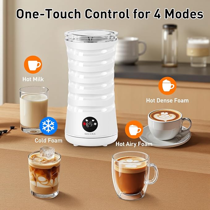 Secura Electric Milk Frother, 4-in-1 Automatic Hot & Cold Foam Maker | Quiet Operation & Easy Cleanup – Create Rich, Smooth Foam for Lattes and Cappuccinos, Includes Silicone Spatula