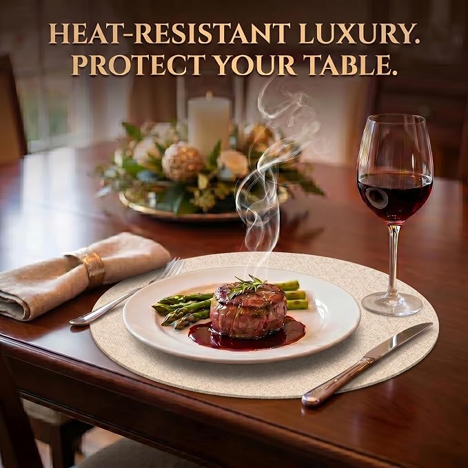 Faux Leather Placemats Set of 4, Wipeable Waterproof Stain Resistant Table Mats, Heat Resistant Thick Placemats with Hand-Painted Edges for Kitchen Dining, Imitative Linen Texture, Various Shapes