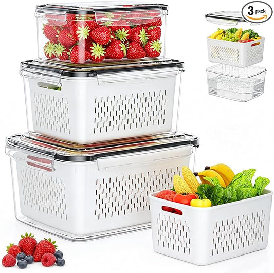 Fruit Storage Containers for Fridge, 3 Pack Plastic Food Storage Container | Produce Storage with Removable Colander, Refrigerator Organizers Keep Fruits Berry Veggie Salad Fresh Longer, Dishwasher Safe