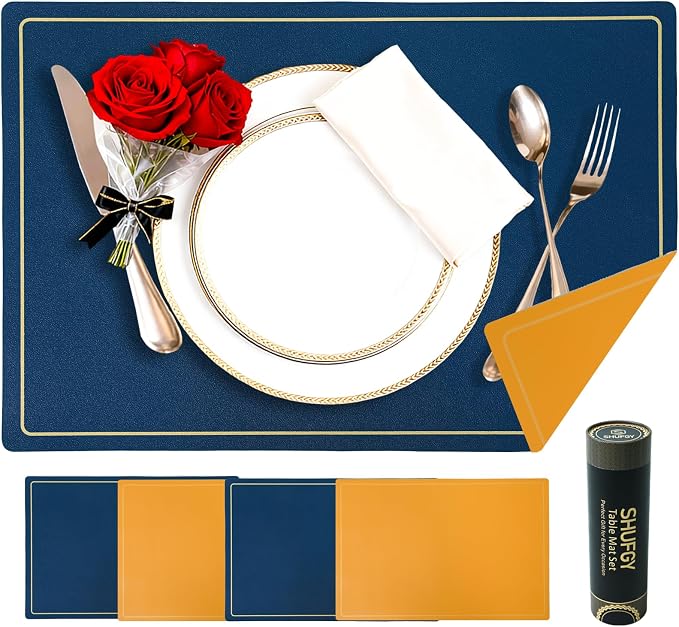 Faux Leather Placemats Set of 4, 11.8"x17.7", Blue & Yellow | Reversible Table Mats, Waterproof, Stain & Heat Resistant, Easy Clean for Dining, Gatherings, Outdoor