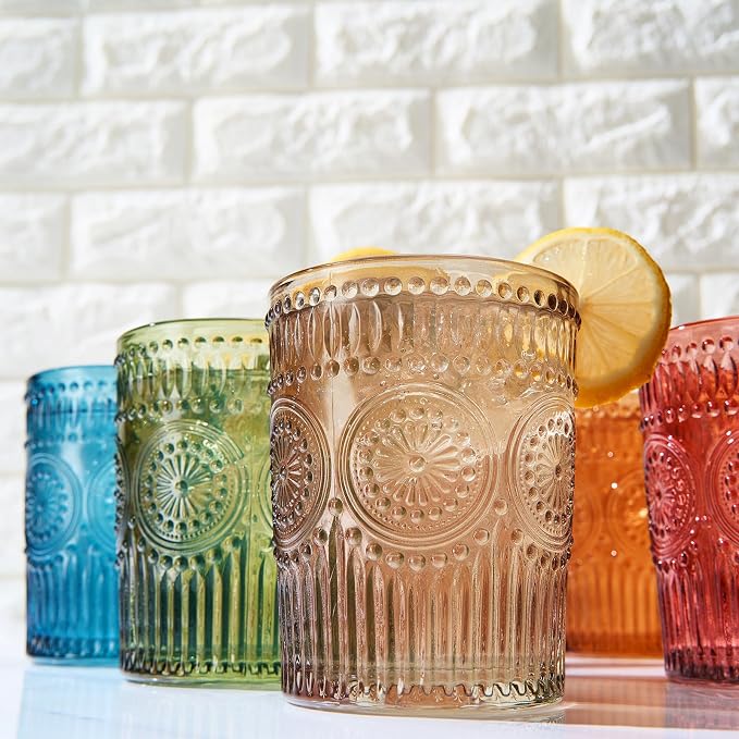Beautiful Colored Tumbler Drinking Glasses | Set of 6 | Crystal, 10oz - Vintage Drinking Cup, Luxury Multi Color Glassware Gift Set Her, Wife & Mom, Him - Colorful Drinkware for Water, Wine, Cocktail