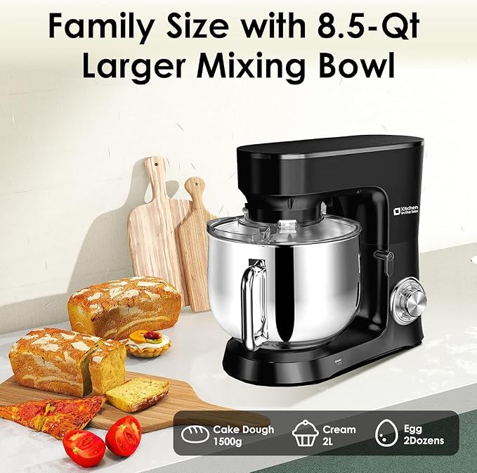 Kitchen in the box Stand Mixer 8.5 QT, 900 Watt Heavy Dough Mixer (Black) | 10 Speed Adjustable, 8.5 Quart Mixing Bowl with Handle, Tilt-head, Whisk, Flat Beater and Splash Guard