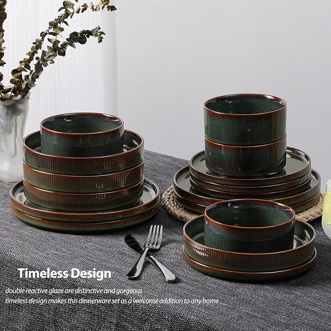 LIANYU Dinnerware Sets with Pasta Bowls, 24 Piece Ribbed Dinnerware Plates and Bowls Set for 6, Elegant Modern Stoneware Dishes Set for Kitchen Dining, Microwave and Dishwasher Safe, Jungle Green