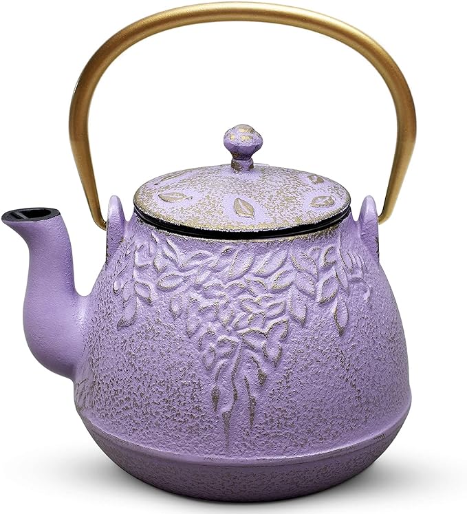 TOPTIER Japanese Cast Iron Tea Kettle with Stainless Steel Infuser, Cast Iron Teapot Stovetop Safe, Leaf Design Teapot Coated with Enameled Interior, 32 Ounce (950 ml), Lilac Purple