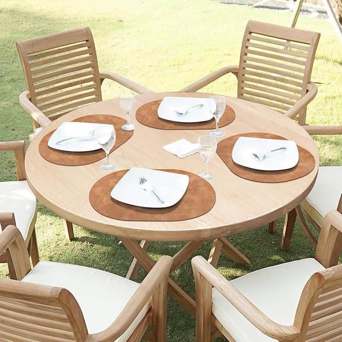 ADRIMER Placemats, Heat Resistant Oval Placemats Set of 12 Washable 12 x 17 Inch, Waterproof Table Mats, Wipeable Pu Place Mats for Kitchen, Dining Room, Sandy Light Brown