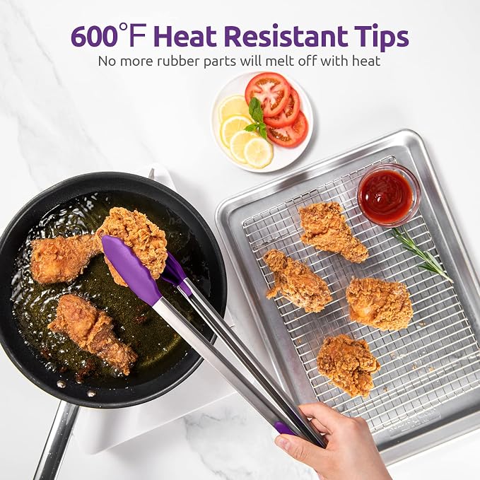 U-Taste Kitchen Tong for Cooking, 600ºF Heat-Resistant Tps, 16in/Purple | Extra Long BBQ Tongs, Large Tong for Grilling/Grabbing, Big Thong with Nonstick Silicone Tps & 18/8 Stainless Steel Handle