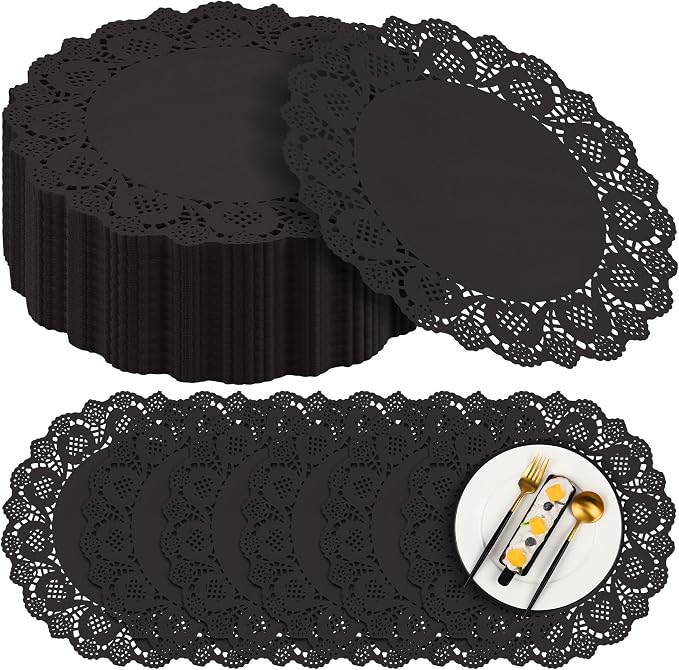 MCEAST 300 Pack Round Black Paper Doilies 13.5 Inches Lace Paper Place Mats Rustic Scallop Doily Disposable Table Pads for Food Cakes Crafts Party Weddings Tableware Decor