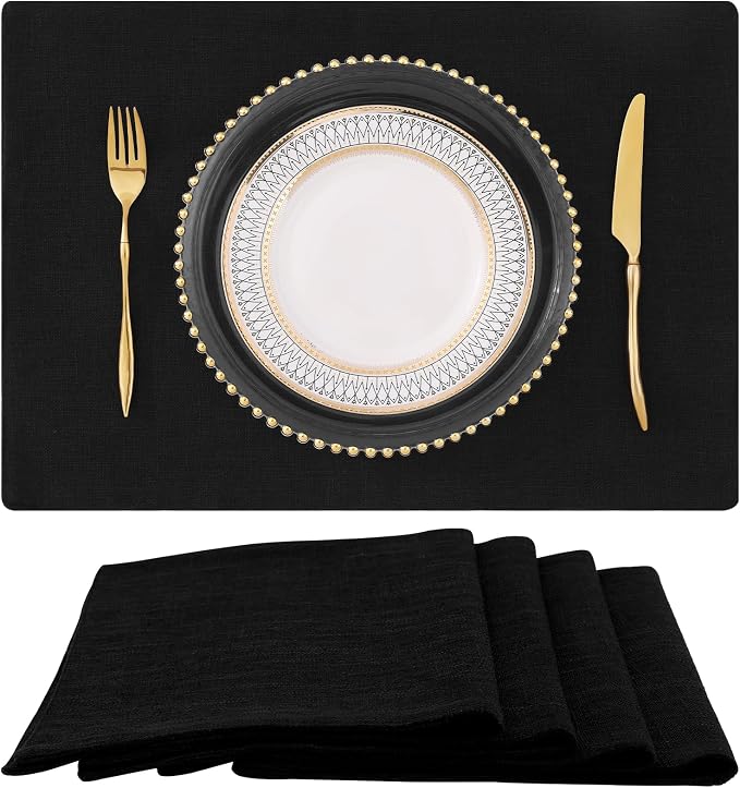 Faux Cotton Linen Placemats Set of 4, Cloth Washable Farmhouse Dining Table Mats for Indoors & Outdoors, Easy to Clean, Black, 13 x 19 Inch
