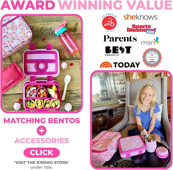 kinsho kids Bento Lunch Box Set with Thermo, Bag & Ice Pack, Pink Unicorn | 4 Compartments, Removable Tray, Small Meal or Snack Container for Girls Toddlers, Daycare & Pre-School, Steel Hot Food Jar