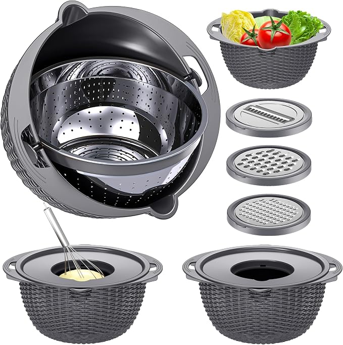 4-1 Colander with Lid Set - Rotatable Strainer With Bowl(Patented), Pasta Strainer with New Upgraded Graters, Strainer And Colanders, Fruit Cleaner, Veggie Wash, Apartment Kitchen Gadgets - Grey