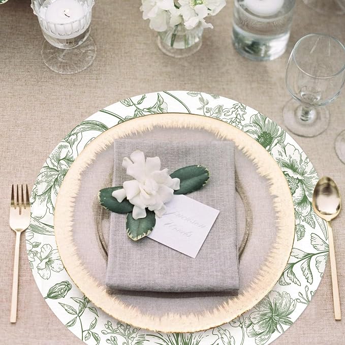 50 Pack Paper Placemats Disposable Green Floral Placemats 13.7 Inch Vintage Sage Green Flower Place Mats Chinoiserie Round Table Mats for Dinner Table Setting Birthday Wedding Party Supplies