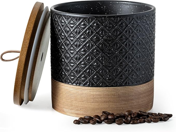 Miamolo Ceramic Coffee Container Jars with Airtight Lid, Black & 42 fl.oz | Coffee Canister for Kitchen Countertop, Food Storage for Candy Spice Sugar Tea | Keep Fresh Nonslip Base, Brew Bar Essentials
