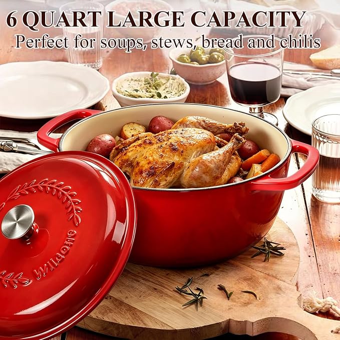 Enameled Cast Iron Dutch Oven - Wildone 6QT Pot with Lid & Cotton Potholders - Oven Safe Enamel Cookware for Bread Baking, Braising, Stews, Roasting, Red
