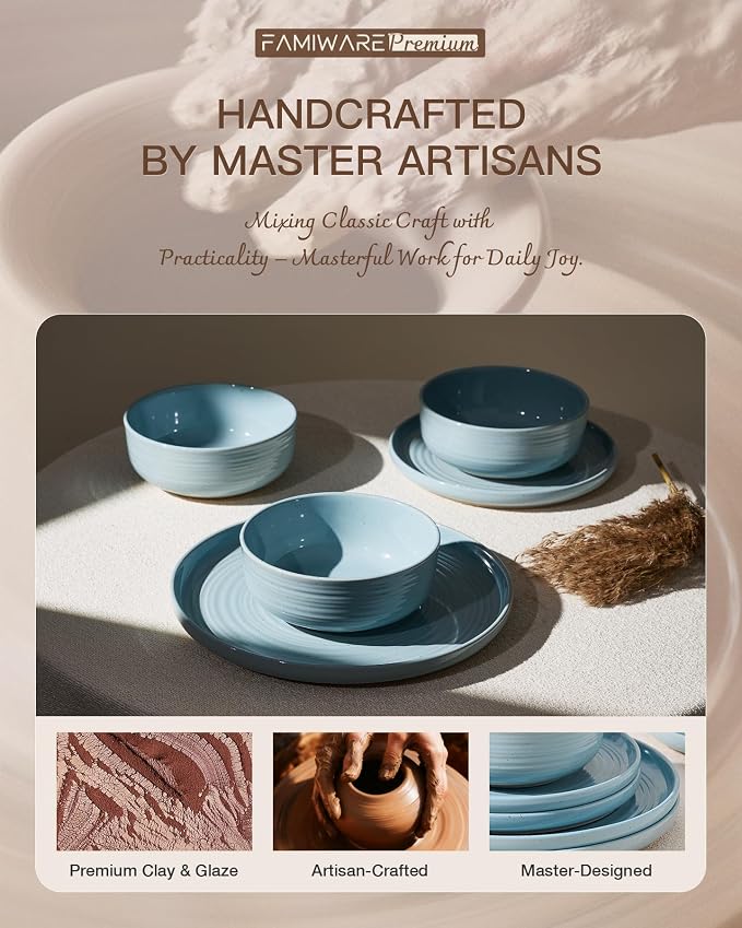 Dinnerware Sets for 8, Ceramic Plates and Bowls, Ice Blue | 24-Piece Ceramic Speckled Spiral Dishes, Chip & Scratch Resistant, Microwave & Dishwasher Safe, Everyday Use, Farmhouse Style