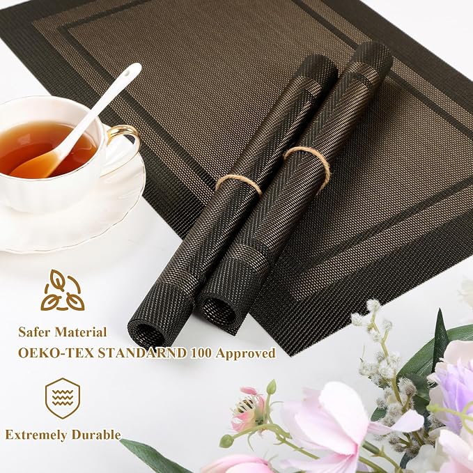 SHACOS Woven Vinyl Placemats Set of 4 Wipe Clean Place Mats for Dining Table Heat Resistant PVC Weave Table Mats Indoor Outdoor (4, Frame Black Gold)