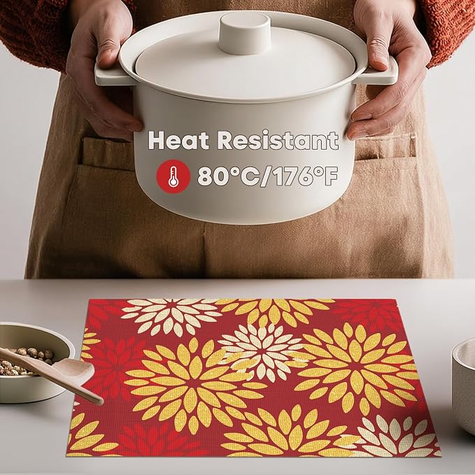 Artoid Mode Floral Vinyl Placemats Set of 6, 12x18 Inch New Year Washable Non-Slip Plastic Vinyl Place Mats for Party Kitchen Dining Decor, Red