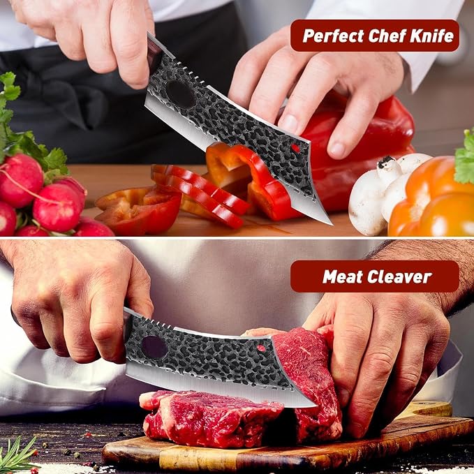 ROCOCO Butcher Cleaver Knife Set - 3PCS Serbian Chef Viking Boning Knife | Meat Cutting Cleaver for Kitchen Outdoor BBQ Camping Birthday Father Mother Christmas Gift Idea Men