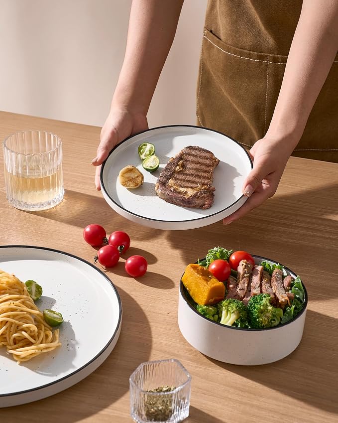 Famiware Nebula 18-Piece Dinnerware Set, White with Black Rim | Stoneware Dish Set for 6, Plates and Bowls, Microwave and Dishwasher Safe, Chip and Scratch Resistant