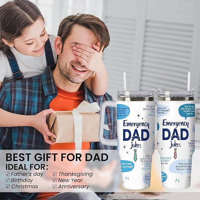 Gossby Emergency Dad Jokes Tumbler, 30oz Stainless Steel with Handle | Funny Gift for Dad, Birthday Gift for Him, Dad Coffee Tumbler with Straw, Insulated Travel Cup, Gift for Daddy, Stepdad