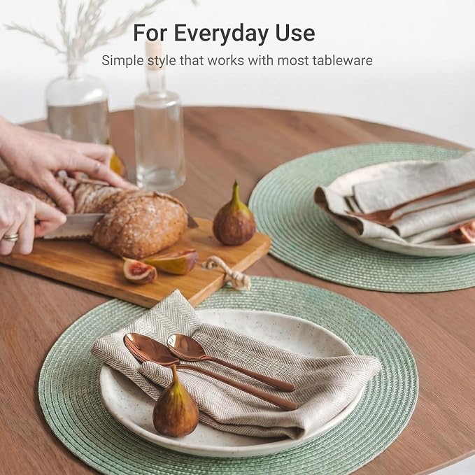 FunWheat Round Braided Placemats Set of 4 Table Mats for Dining Tables Woven Washable Non-Slip Place mats 15inch (Fog Green, 4pcs)