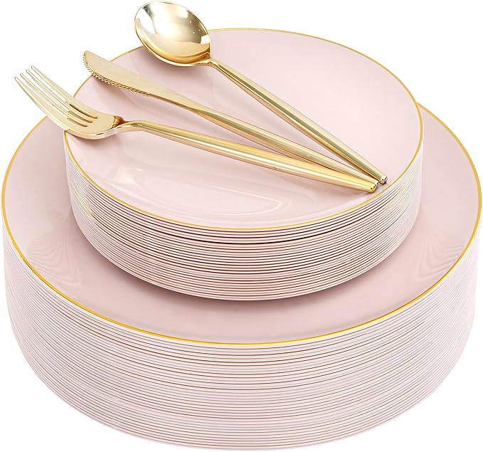 IOOOOO 150 PCS Pink Plastic Plates,Heavy Duty Pink Disposable Plates | Pink Plates Set Include 30 Pink Dinner Plates&30 Pink Dessert Plates,30 Gold Plastic Silverware Set for Wedding,Party