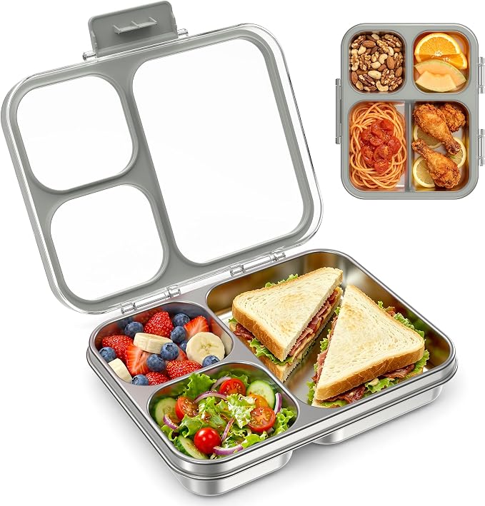 LOHASOK Stainless Steel Bento Lunch Box, 34oz/1000ml,Gray | 3-Compartment, Leak Proof, Lightweight, Clear Plastic Lid, for Kids Adults, BPA/BPS Free, Dishwasher Safe