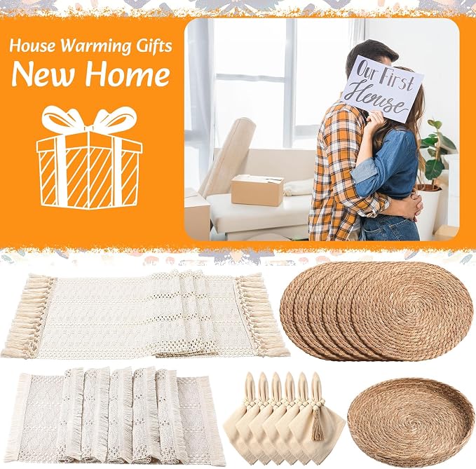 6 Sets Boho Decoration Placemats Round Woven Placemats, Cloth Napkins, Wood Bead Napkin Rings, Long Table Runner and Farmhouse Burlap Cotton for Table Kitchen (White,12x72)