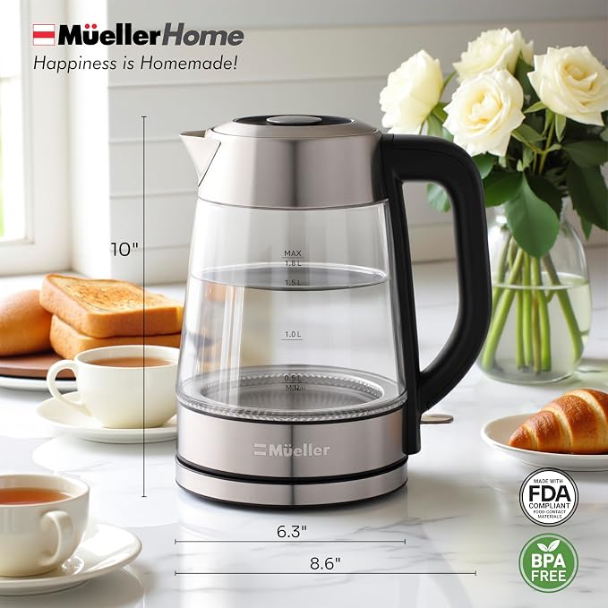 MUELLER HOME Rapid Boil Electric Tea Kettle 1.8L, BPA-Free Hot Water Boiler | Borosilicate Glass & Stainless Steel, LED Light, Auto Shut-Off, Boil Dry Protection Fast Water Heater, Kitchen Appliances