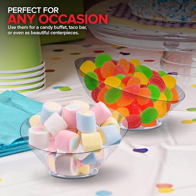 6oz Clear Plastic Serving Bowls (8 Pack) Small Disposable Candy Dishes, Buffet Containers for Chips, Popcorn, Snacks, Mints, Salad Bar, Snack Bowl, Parties, Office Desk, Bridal Shower, Party Supplies