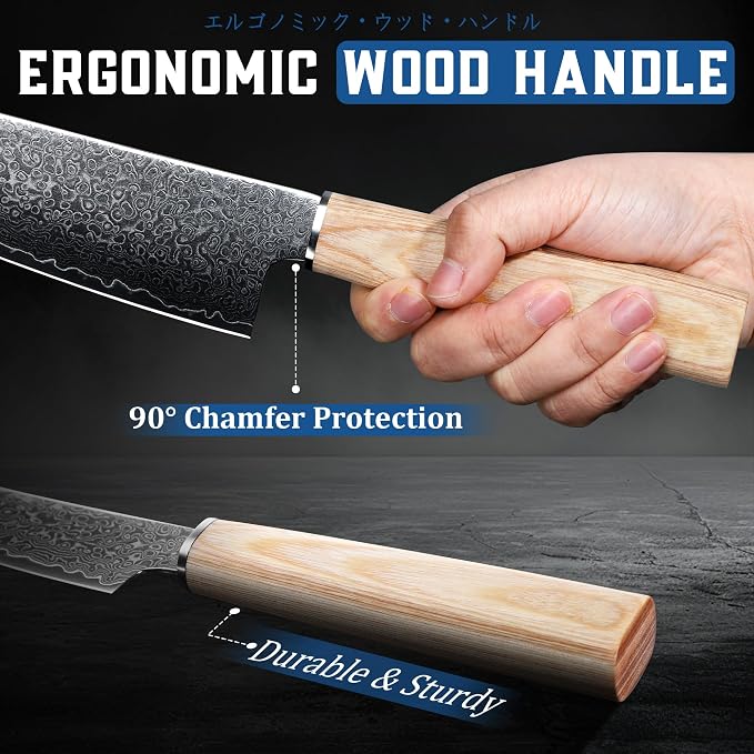 ROCOCO Damascus Chef Knife Set - 3PCS Japanese Nakiri Utility Paring Knives | Sharp Gyuto Meat Cleaver for Home Kitchen Gift Idea