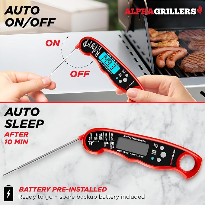 Alpha Grillers Instant Read Meat Thermometer Digital, Cooking, Food, Grill | 1-2 Second Ultra-Fast Response Time, Bright Backlit Display, Waterproof (IP67), Pre-Calibrated & Ready to Use