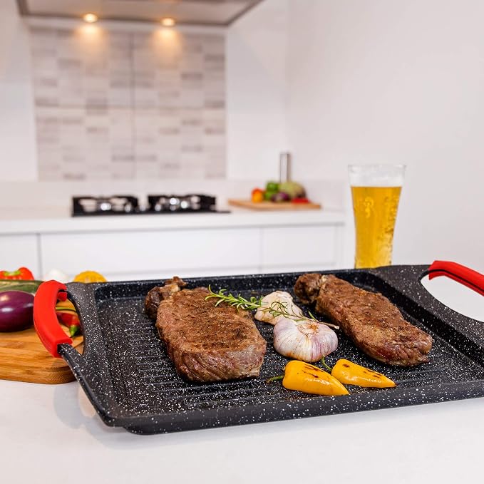 Moss & Stone Griddle Aluminum BBQ, Rectangle Grill Pan for Indoor Cooking | 18x10.5" Non-stick Flat Top Griddle Pan for Stove, For Fish Vegetables & As Steak Pan, StoveTop Induction Grill