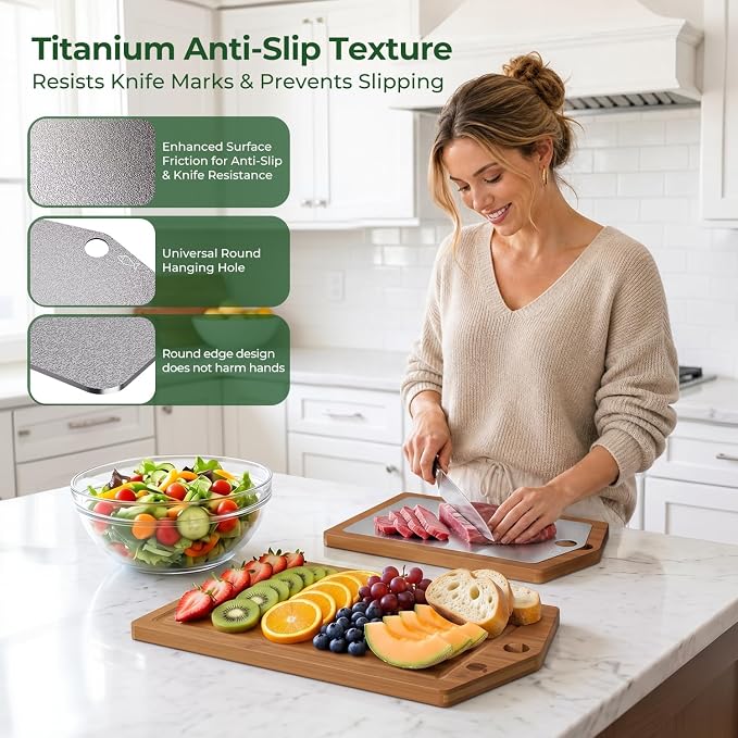 Titanium Cutting Board,Carbonized Bamboo Cutting Boards Set for Kitchen | 3pcs Chopping Boards for Kitchen, Large Metal Wood Cutting Board, Non Slip, Juice Grooves, Knife-Friendly, Dishwasher Safe