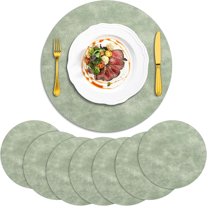 ADRIMER Placemats, Heat Resistant Round Placemats Set of 8 Washable, Waterproof Table Mats, Wipeable Faux Leather Place Mats for Kitchen, Dining Room, Green