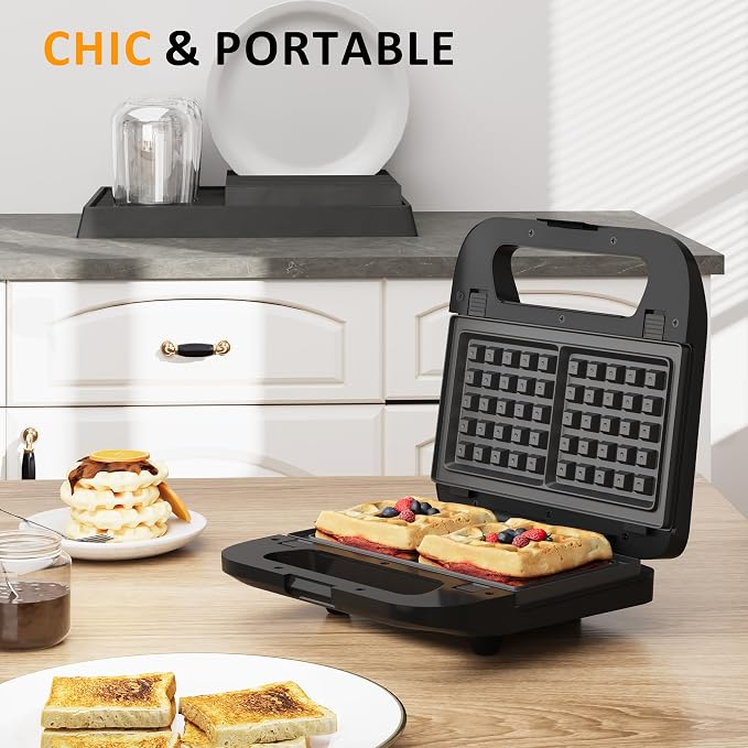 3 in 1 Electric Sandwich Maker with Removable Nonstick Plates - 750W,Black | for Belgian Waffle/Panini/Grill/Pancake Griddle/Breakfast,Dishwasher Safe,Cool Touch Handle,Easy to Clean & Store