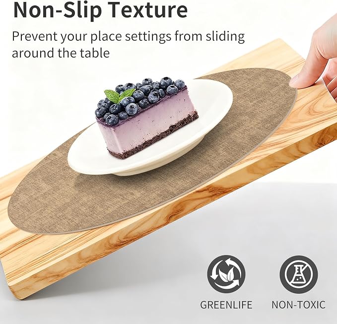 Maxpearl Faux Leather Round Placemats Set of 6, 13.8 inch, Brown | Waterproof, Heat Resistant, Non Slip, Wipe Clean Dining Table Place Mats, Suitable for Indoor & Outdoor Use, Table Settings