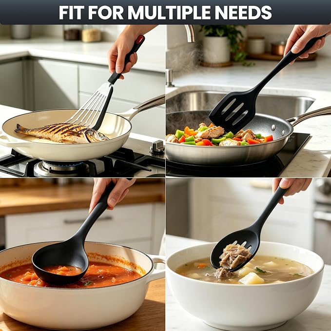 8 PCS Silicone Kitchen Utensils Set, Non Stick Cooking Tools, Black | Spatulas/Turner/Spoons/Soup Ladle/Pasta Server/Skimmer | Heat Resistant | Dishwasher Safe