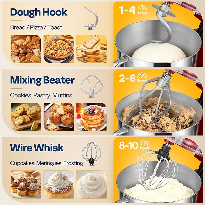 VIVOHOME Stand Mixer, 6-Quart Tilt-Head Kitchen Mixer with Bowl, Silver | 10 Speeds, Splash Guard, Dough Hook, Beater, Whisk, Egg Separator, for Cake & Bread