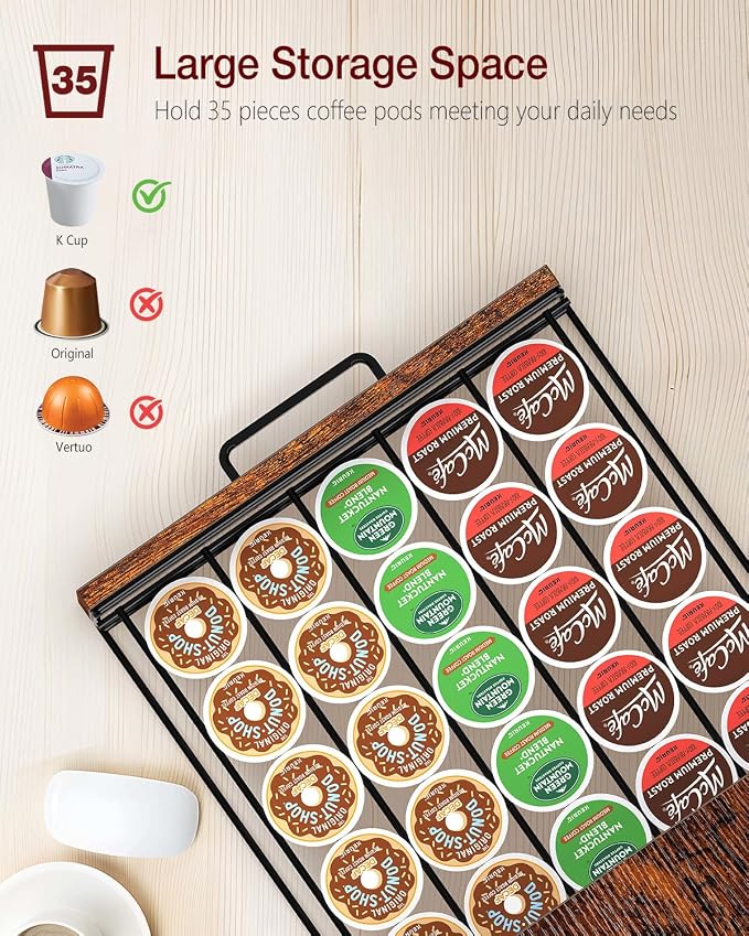 Evermagin K Cup Holder, Coffee Pod Holder Compatible with Keurig | K cup organizer for 35 Pods, Coffee Station Organizer for Countertop with 8 Mug Hooks, Easy Assembly, Rustic Brown