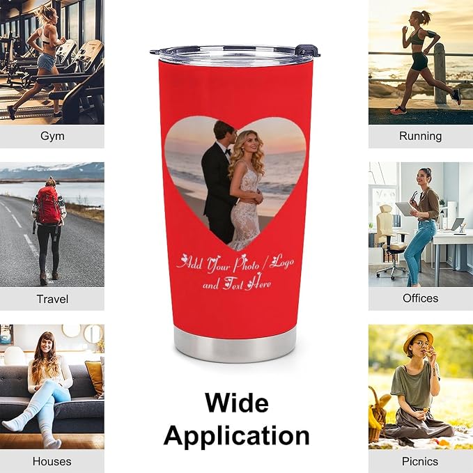 Personalized Tumbler Custom Vacuum Insulated Travel Mug Customizable Coffee Cup with Your Photos and Text Christmas Birthday Gift (2 Heart Photos+Text)