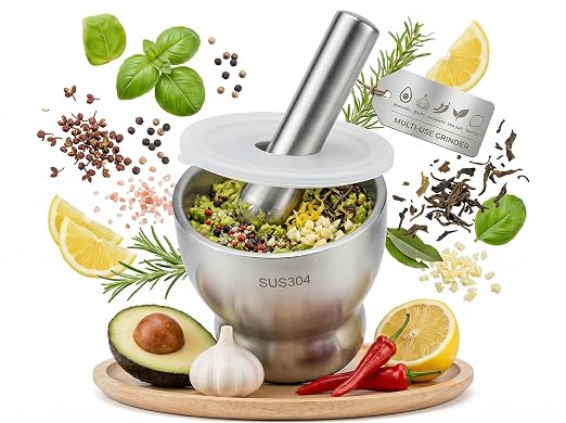 304 Stainless Steel Mortar and Pestle Set with Splash Guard Lid