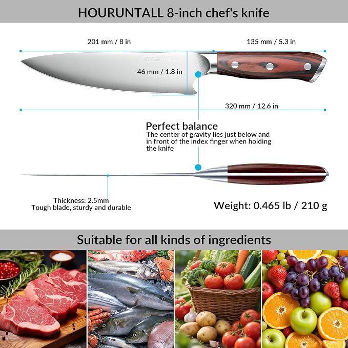 8 Inch stainless steel chef's knife with Innovative Safety Notch | Forged 5CR15MOV High Carbon Stainless Steel,Ultra Sharp Vegetable &Meat Cleaver with Ergonomic Wood Handle for Pro Chefs