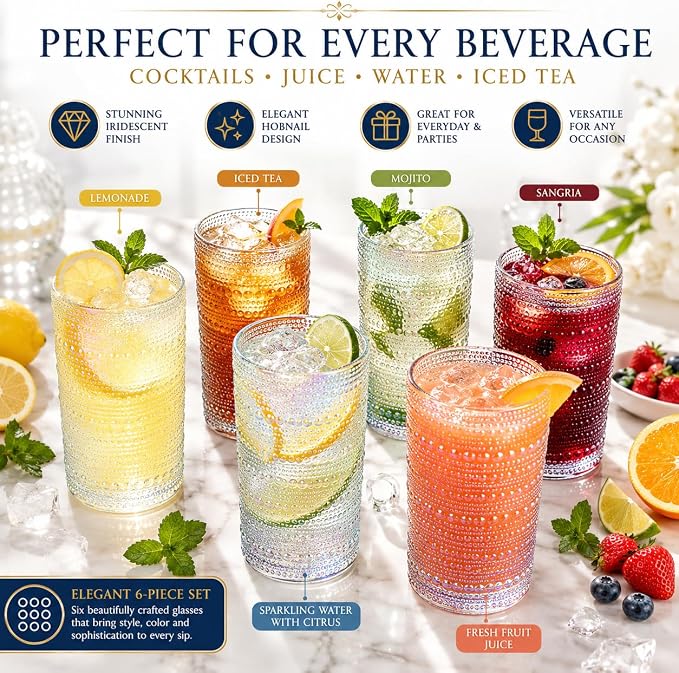 Hobnail Beaded Highball Drinking Tumbler Glasses | Set of 6 | Iridescent Pearl Vintage Bubble Design Glassware, Old-Fashioned, Embossed Design, Water, Wine, Cocktail Embossed Heavy Glass, Rocks Glass