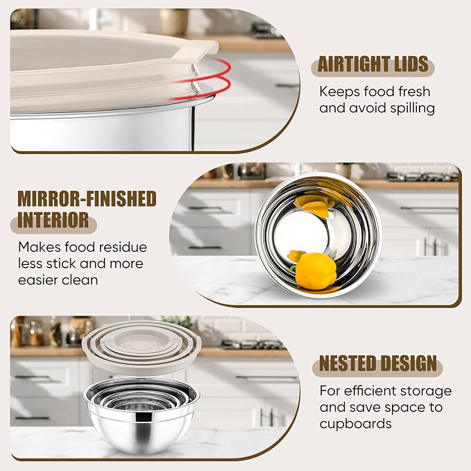 P&P CHEF Metal Mixing Bowls with Lids Set, Airtight Lids & Khaki | 5 PCS Stainless Steel Mixing Nesting Bowls for Kitchen Prepping, Storing, Healthy & Easy Clean, Size 4.6, 3, 1.5, 1, 0.7 QT