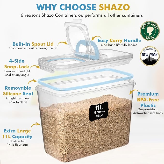 Shazo 2 PC (11L | 372 oz) Flour Sugar Storage Containers with Spout Lid & Easy Carry Handle - BPA Free Extra Large Airtight Food Storage Containers with Lids - Rice Canisters Sets for Kitchen & Pantry