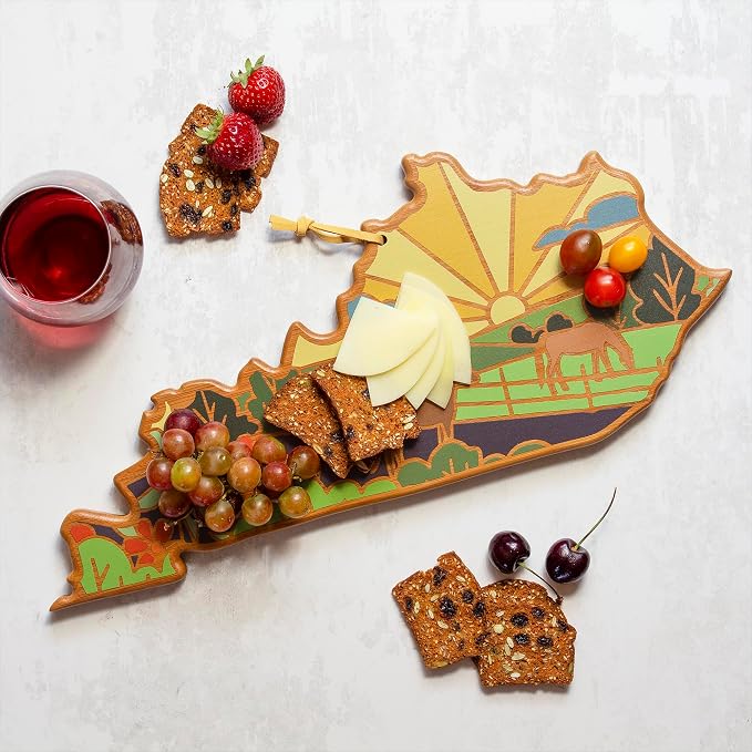 Totally Bamboo Kentucky State Shaped Cutting Board, Summer Stokes Art | State charcuterie board with colorful hand-drawn landscape art. Smooth reverse side for food prep. Hang tie for wall display.