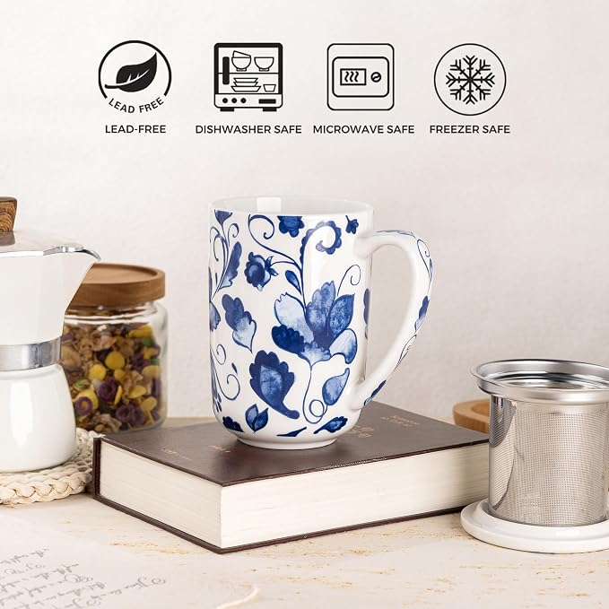 GBhome Tea Mug with Infuser and Lid,18 Ounce Ceramic Loose Leaf Cup Steeper | Lead-Free Glaze For Tea Lovers,Microwave & Dishwasher Safe with Tea Strainer